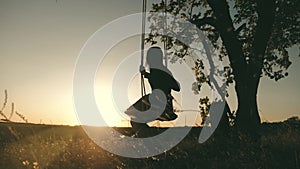 Silhouette young girl swinging on a swing under a tree in sun. Family fun in nature.