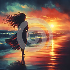 A silhouette of a young girl, walking alone at a beach on sunset, long hair, blown by the wind, mysterious, vintage, painting