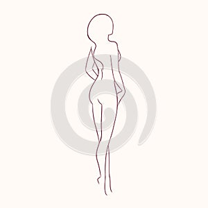 Silhouette of young gorgeous naked woman with slim figure hand drawn with contour lines. Outline of nude female