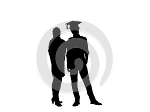 Silhouette of young male graduate next to mom at graduation photo