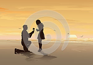 Silhouette of young man with rose proposing to his beloved on the sea beach, Romantic date, Wedding and Valentines day concept