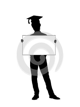 Silhouette young man student holds banner placard blank white sheet for text space