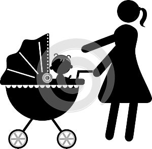 Silhouette of young mother with baby on pram