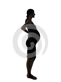 Silhouette of young pretty pregnant woman on white background