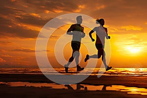 Silhouette of young sporty couple - man, woman jogger running on sunset beach. pair jogging on sea coast, sunrise. female jogging