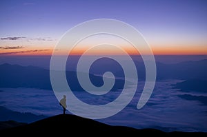 Silhouette of young traveler and backpacker watched the star and milky way and foggy landscape at the morning alone on top of the