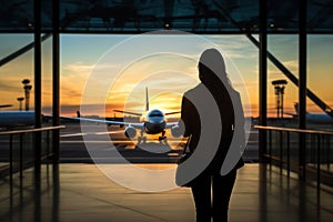 Silhouette of young woman in the airport, looking through the window at planes