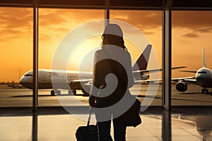 Silhouette of young woman in the airport, looking through the window at planes