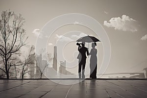 silhouette of a young woman in a black dress and black dress on the background of a citysilhouette