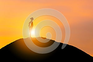Silhouette of young woman with clipping path practicing yoga relaxing exercise at sunset, Freedom and relax concepts