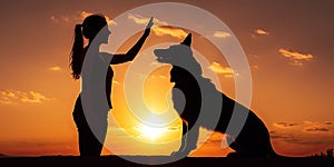 A silhouette of a young woman and her pet German Shepherd Mix Dog shaking hands at sunset