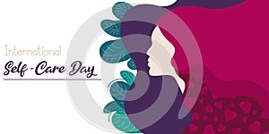 Silhouette of young woman. Horizontal banner with a profile of a girl with long hair. Illustration with hearts in hair and trendy