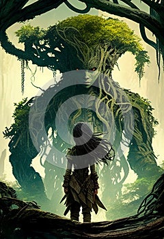 Silhouette of a young woman looking at a giant tree-man in a fairy forest. Genarated AI