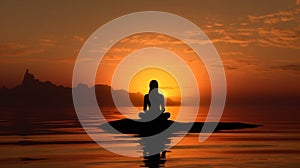 Silhouette young woman practicing yoga on the beach at sunset, Meditation. AI Generative