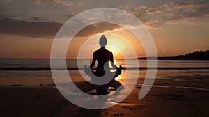 Silhouette young woman practicing yoga on the beach at sunset, Meditation. AI Generative