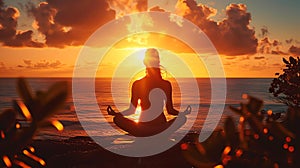 Silhouette young woman practicing yoga on the beach at sunset. Meditation Background AI generated