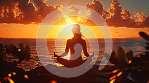 Silhouette young woman practicing yoga on the beach at sunset. Meditation Background AI generated