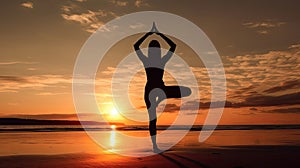 Silhouette young woman practicing yoga on the beach at sunset. Meditation. Generative Ai