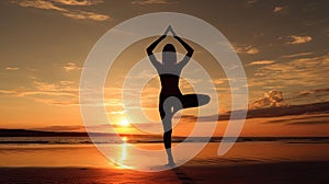 Silhouette young woman practicing yoga on the beach at sunset. Meditation. Generative Ai