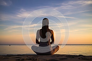 Silhouette of young woman practicing yoga at sunrise on the beach, rear view of a women yoga exercise and pose for a healthy life
