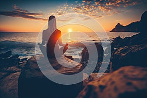 Silhouette young woman sitting on a big rock and practicing yoga on the beach at sunset. Meditation.