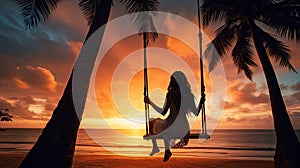Silhouette of a young woman on a swing on a palm tree by the beach during sunset