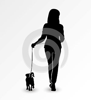 Silhouette of a young woman walking with a dog Jack Russell Terrier on a leash. Vector illustration