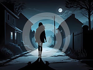 Silhouette of a young woman walking home alone at night