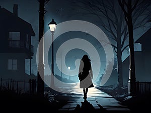 Silhouette of a young woman walking home alone at night