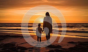 Silhouetted against the vibrant sunset, the mother and child stood on the sandy beach