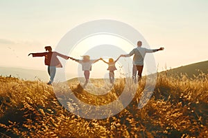 Silhouetted against the warm glow of dusk, a joyful family bonds as they stroll through a serene meadow. embodying a moment of joy