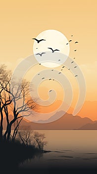 Silhouetted birds fly across a sunset sky, with trees and mountains in the background, evoking a sense of peace and the end of a