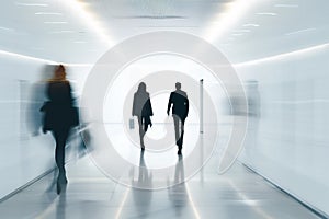 Silhouetted business people walking through a brightly lit, modern corridor, conveying a sense of motion