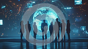 Silhouetted business professionals observing digital globe