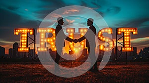 Silhouetted business professionals shaking hands in front of a luminous Trust sign at sunset, symbolizing successful