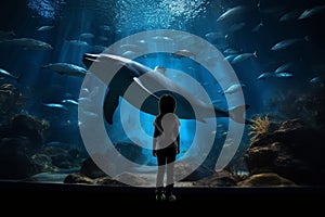 Silhouetted child marvels at dolphins through the aquariums transparent glass
