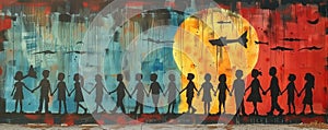Silhouetted children holding hands against a vibrant graffiti wall, symbolizing unity and peace