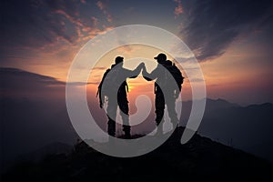 Silhouetted climbers atop a mountain peak, flag waving, symbolize triumphant success