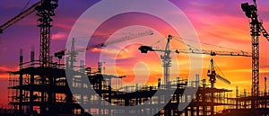 Silhouetted construction site at sunset evokes progress and urban development