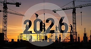 Silhouetted construction workers building the year 2026, structural framework against a vibrant sunset backdrop