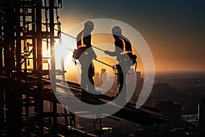 Silhouetted construction workers on scaffolding with city backdrop during a mesmerizing sunset.