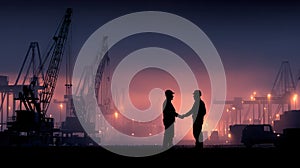 Silhouetted Construction Workers Shaking Hands at Dock During Dusk