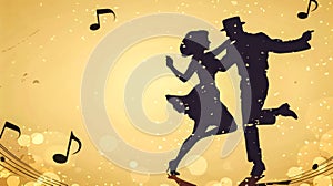 Silhouetted couple dancing with music notes
