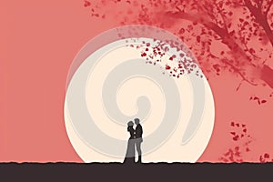 Silhouetted couple embracing under a large round setting sun with pink hues and scattered leaves