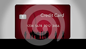 A silhouetted crowd of people huddle around a huge debit/credit card as if to admire the new offering to the credit card family