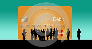 A silhouetted crowd of people huddle around a huge debit/credit card as if to admire the new offering to the credit card family