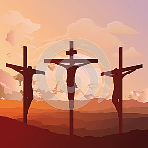 Silhouetted crucifixion of Christ at dawn