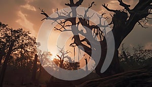 Sunset Silhouette of a Dead Tree in a Forest