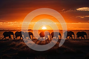 Silhouetted elephants walk under a fiery sunset, symbolizing earth day\'s harmony and conservation