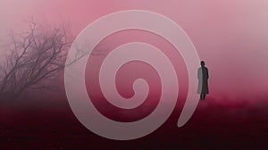 Silhouetted Figure In Maroon Fog A Surrealistic Landscape